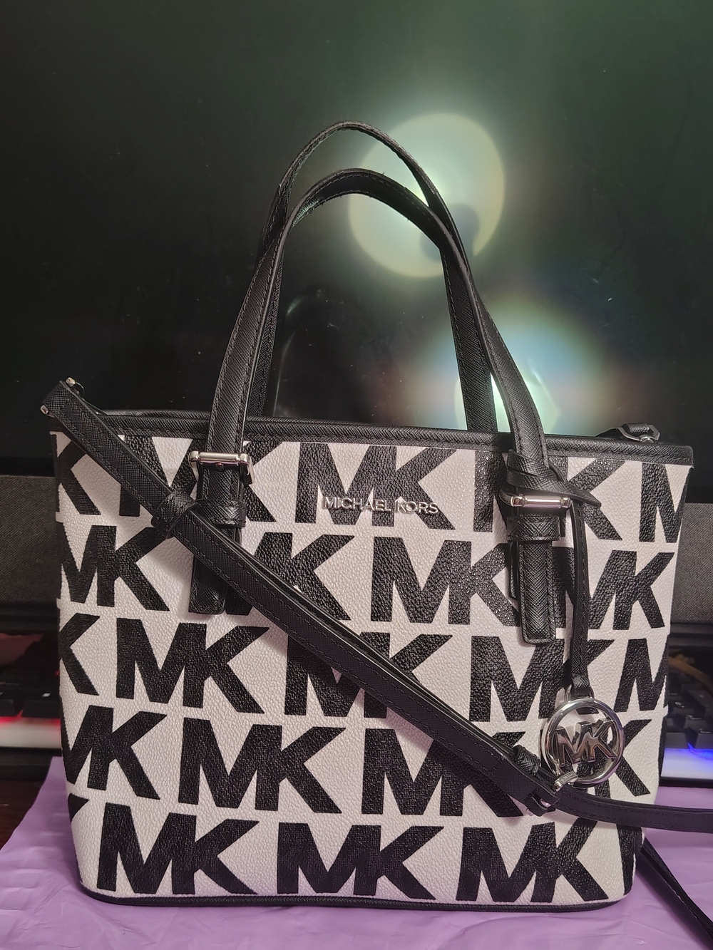 Michael Kors Jet Set Medium MK Logo Tote Bag in Black and White